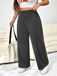 Solflare Women Plus Size Solid Gray Minimalist Straight Leg Office Pants, Suitable For Graduation, Back To School, Teacher In Fall/Winter - Dark Grey - View 4