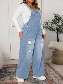 EMERY ROSE Macacão Jardineira Casual Versátil com Bolsos e Efeito Desgastado em Plus Size - Lavagem clara - Visão 4