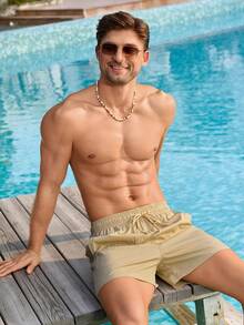 Manfinity Swimmode Men's Solid Color Drawstring Waist Pocket Beach Shorts