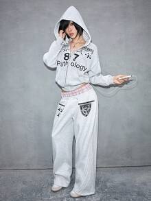 ROMWE Avant 2件套休闲街头风Y3K风格双腰连帽衫套装 - 灰色 - 查看 7