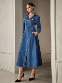 Selenza Women's Fashion Front Button Denim Dress, Suitable For Commuting - Dark Wash - View 4