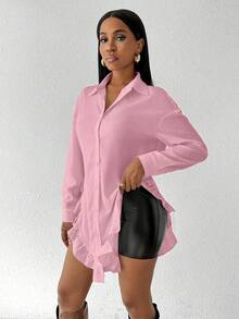 Chiquease Áo sơ mi nữ dáng suông, màu trơn, có bèo nhún ở gấu và xẻ tà, thích hợp cho việc đi làm. - Hồng - Xem 6