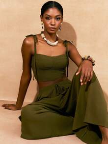 Zivah 2pcs Set: Linen Camisole Top And Wide Leg Cargo Pants In Olive Green, Spring/Summer 2026 - Army Green - View 7