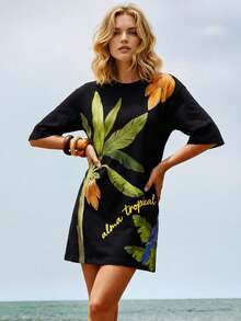 CAJUNI Đầm ngắn dáng suông tay lửng 3/4 cổ tròn in họa tiết cây nhiệt đới dành cho nữ, thích hợp cho kỳ nghỉ. - màu đen - Xem 3