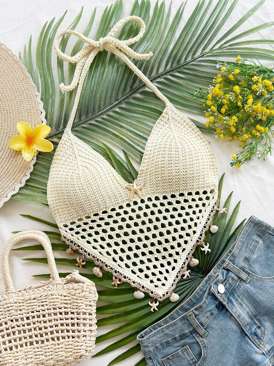 Soleia 女士度假镂空金属海星装饰针织吊带上衣 - 杏色 - 查看 1