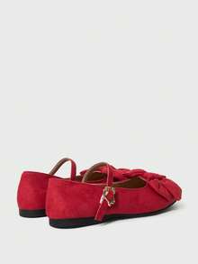 ROMWE Kawaii Giày bệt nữ thời trang và dễ thương với nơ trang trí, thích hợp cho dịp Giáng sinh. - Da lộn đỏ - Xem 4