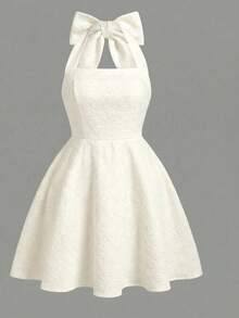 Girlism 少女白色提花露背蝴蝶结优雅连衣裙