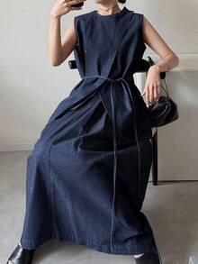 FRIFUL Women's Casual Denim Crew Neck Sleeveless Top And Mini Skirt Set - Blue - View 6