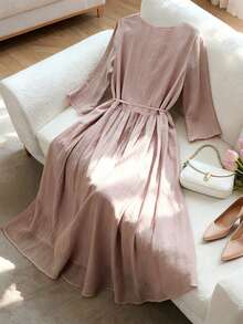 SHEIN Franclia Women's Elegant Solid Color Ruffle Decor Belted Pleated Dress, Spring/Autumn - Pink - View 2
