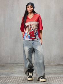 SHEIN HOT STUFF 1 chiếc áo thun nam thường ngày phong cách đường phố, in hình hoạt hình và cá tính, cổ chữ V, dáng rộng, thoáng khí, chất liệu lưới, kiểu dáng đôi, thích hợp cho mùa hè. - Đỏ - Xem 7