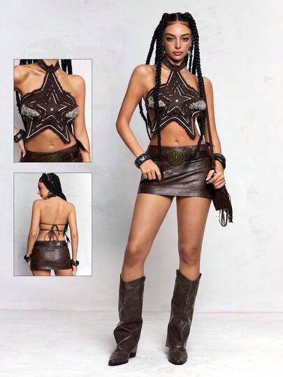 Top a canotta retrò da donna in stile hippie e rockstar, decorato con pentagramma, in patchwork di pelliccia sintetica e borchie