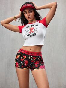 HOT STUFF X SHEIN Quần short dệt kim họa tiết hoạt hình đường phố thời trang hè dành cho nữ. - màu đen - Xem 4