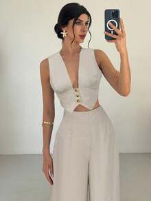 Firerie 2pcs Women Elegant Casual Minimalist Commute Office Daily Vacation V-Neck Sleeveless Blue & White Striped Tank Top & High Waist Wide Leg Straight Blue & White Striped Pants Set, Hawaii Vacation Outfit, Beach Outfit, Airport Outfit, Teacher Outfit - Apricot - View 8