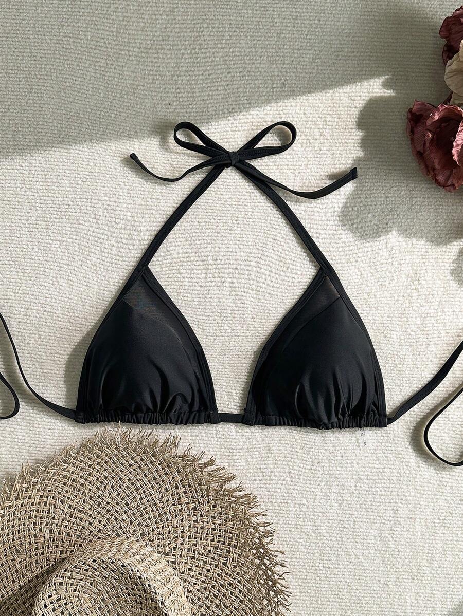 Swim SXY 2026 Women's Summer Beach Bikini Top, Fashion Swimwear With Mesh Splice Halter Tie Neck Triangle Sexy Casual Versatile For Party & Holiday - Black - View 1