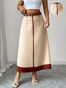 SHEIN Elenzya 女士杏色和咖啡色拼接休闲通勤百搭A字裙，前襟纽扣装饰设计，适合春、夏、秋季各种场合及办公穿着。 - 杏色 - 查看 4