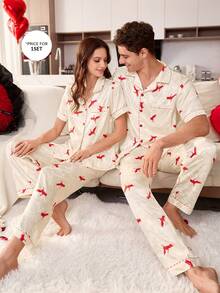 CoupledUp 男士时尚提花领印花短袖睡衣套装（2件套） - 杏色 - 查看 7