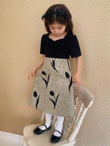 DAZY Robe courte à manches courtes pour jeunes filles avec col carré, patchwork color block, vêtements d'automne - Noir - Voir 6