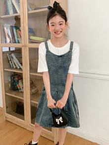 DAZY Tween Girl Solid Color Pleated Camisole Denim Dress - Blue - View 2