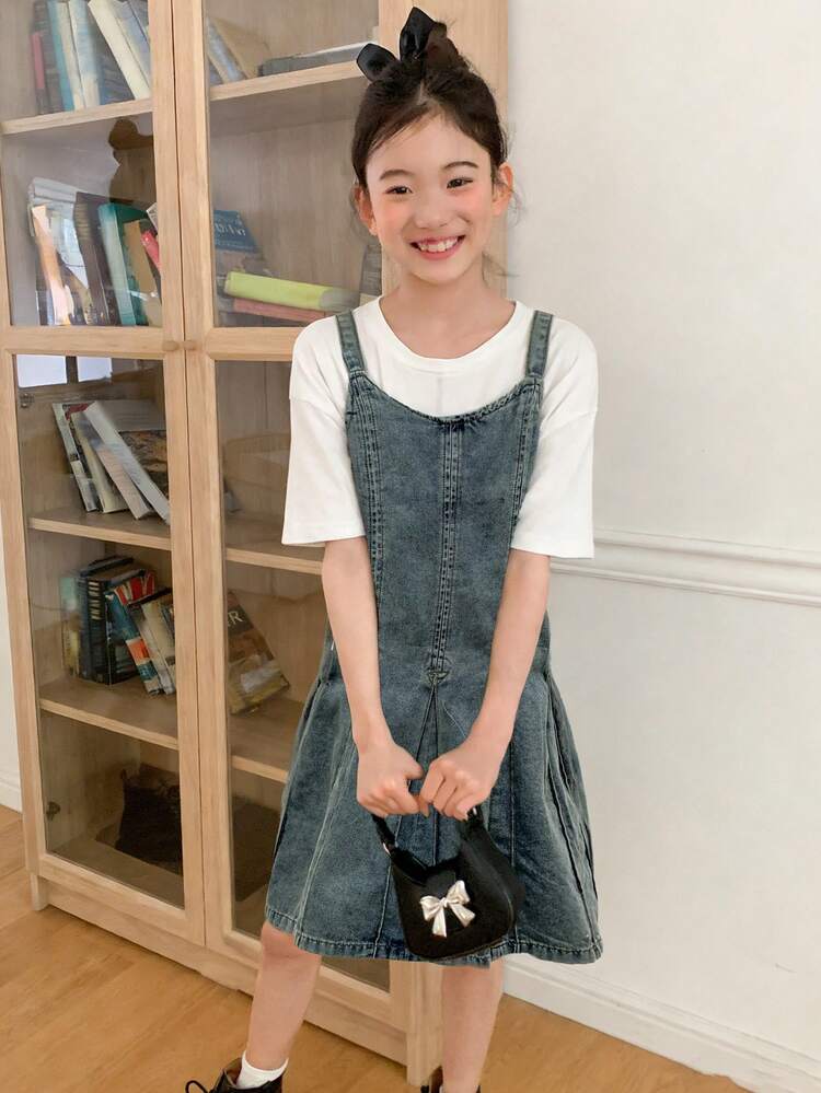 Tween Girl Solid Color Pleated Camisole Denim Dress