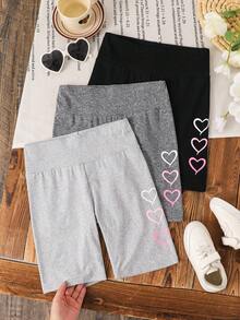 SHEIN paquete de 3 leggings de longitud media con patrón de corazón simple, informales, para niña preadolescente, adecuados para primavera y verano - Multicolor - Ver 1