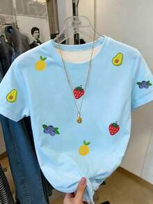 Resyla Women's Fruit Embroidery Round Neck Casual Versatile Short Sleeve T-Shirt - Multicolor - View 4