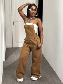 Slaydiva 女士休闲日常通勤时尚街头宽松纯色牛仔背带裤 - 棕色 - 查看 6