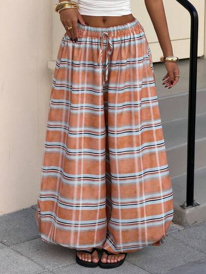 Muchica Women's Casual Vacation & Commute Plaid Print Tie-Knot Elastic Waist Loose Harem Pants