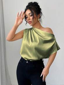 Chiquease Áo kiểu satin lệch vai xếp nếp dành cho nữ, trang phục thường ngày thanh lịch, phù hợp cho tiệc tùng, công sở, sinh hoạt hàng ngày, mùa xuân/hè. - xanh quân đội - Xem 5