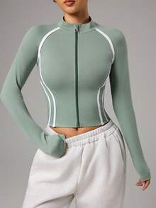 Dewbera Contrast Piping Zip-Up Stand Collar Fitted Sports Jacket