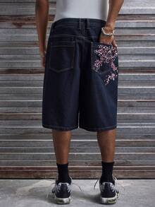 AXEPEAK Quần short denim nam in hoa, túi xéo, kiểu dáng thường ngày, đa năng. - Màu xanh lam - Xem 7