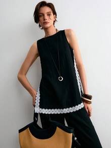 ATUI Studio Bộ đồ nữ thường ngày gồm áo hai dây xẻ tà bên hông viền ren, gồm áo hai dây và quần dài, thích hợp cho mùa hè. - màu đen - Xem 5