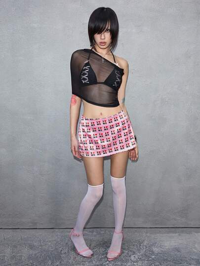 ROMWE Avant Jupe mini super courte rétro sexy avec logo graphique de sous-culture pour femmes