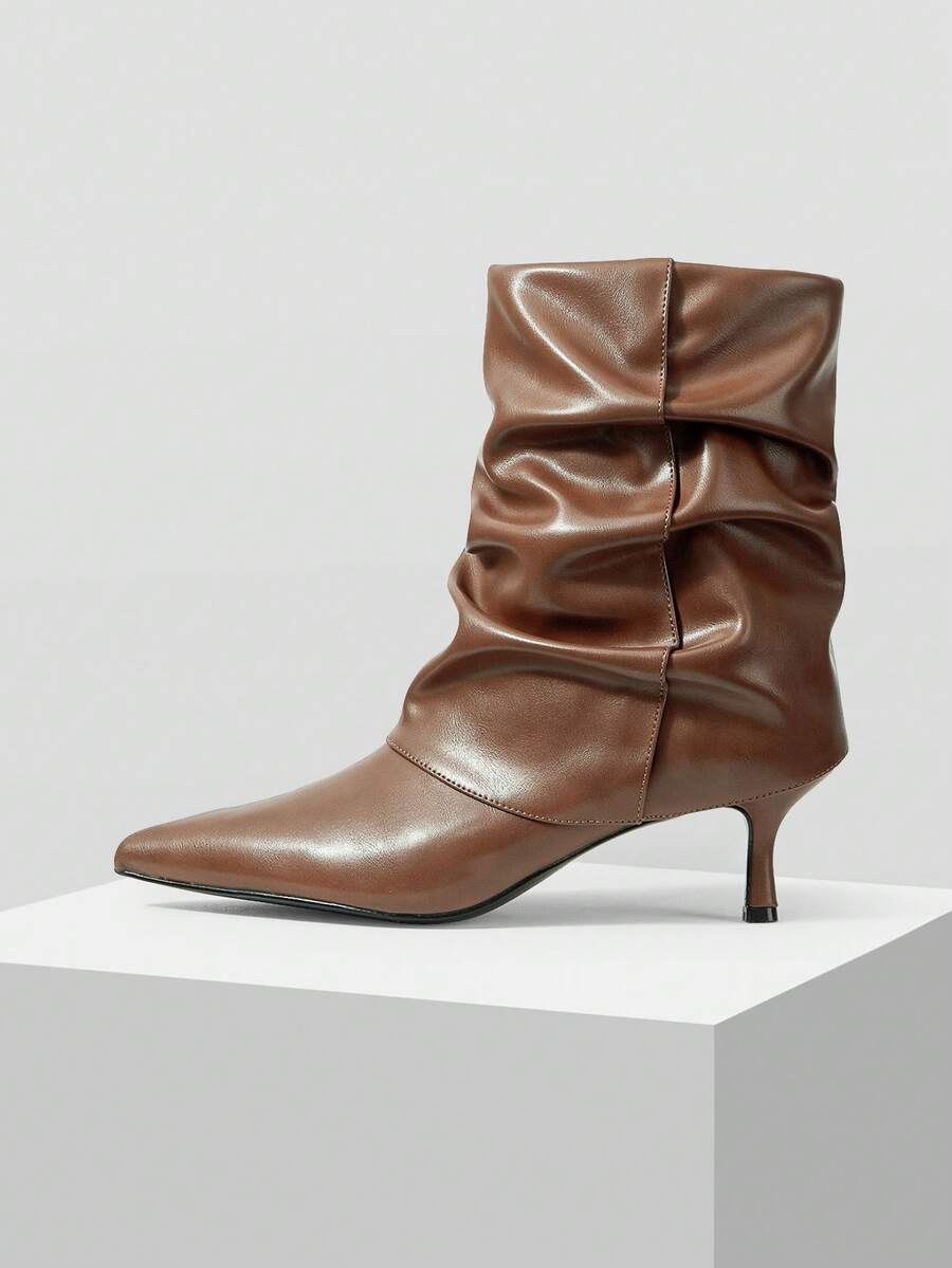 MOTF WOMEN RUCHED POINT TOE MID-CALF BOOTS FOR CHRISTMAS SPRING SHOES - Brown - View 2