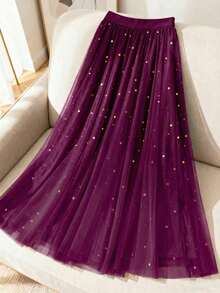 GlowEve Chân váy chữ A thanh lịch bằng voan và sequin dành cho nữ, đa năng cho đi làm hàng ngày, phong cách đường phố Pháp, cổ điển, dự tiệc, Giáng sinh, Năm mới, công sở, màu nâu ombre, phù hợp cho mùa xuân, hè, thu, đông. - Màu tím - Xem 3