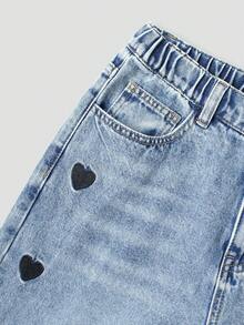 SHEIN ChillGRL 少女时尚雪花水洗做旧爱心刺绣阔腿牛仔裤，四季皆宜 - 中等水洗藍 - 查看 4