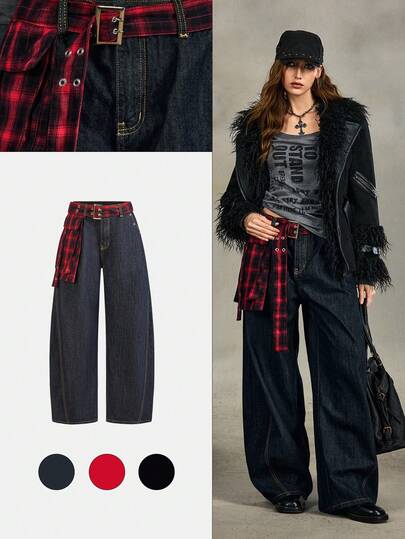 Grunge Punk Y2K Retro American Style Plaid Skirt Hem Layered Flared Leg Jeans