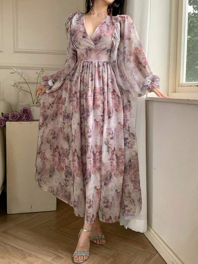 Women's V-Neck Floral Allover Print Waist Cinched Dress, Vacation Style Sundress Boho