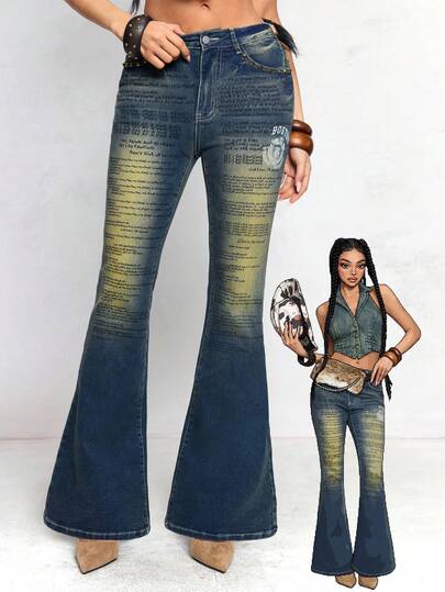 J-Fashion Jeans acampanados ajustados con estampado de texto metálico "Millennium Babe" en estilo retro Y2K para mujeres