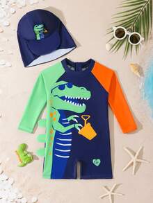 1pc Toddler Boys' One-Piece Long Sleeve Hooded Swimsuit, Cartoon Print, For Beach, Swimming, Vacation Baby Boy Long Sleeve Rash Guard Boy Swimsuit Set Long Sleeve - Navy Blue - View 3