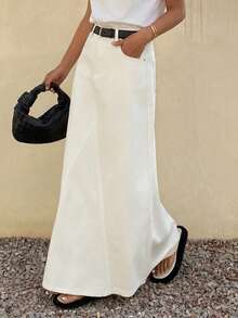 DAZY Women's Regular High Waist A-Line Midi Denim Skirt, Elegant City Casual & Holiday Style - White - View 1