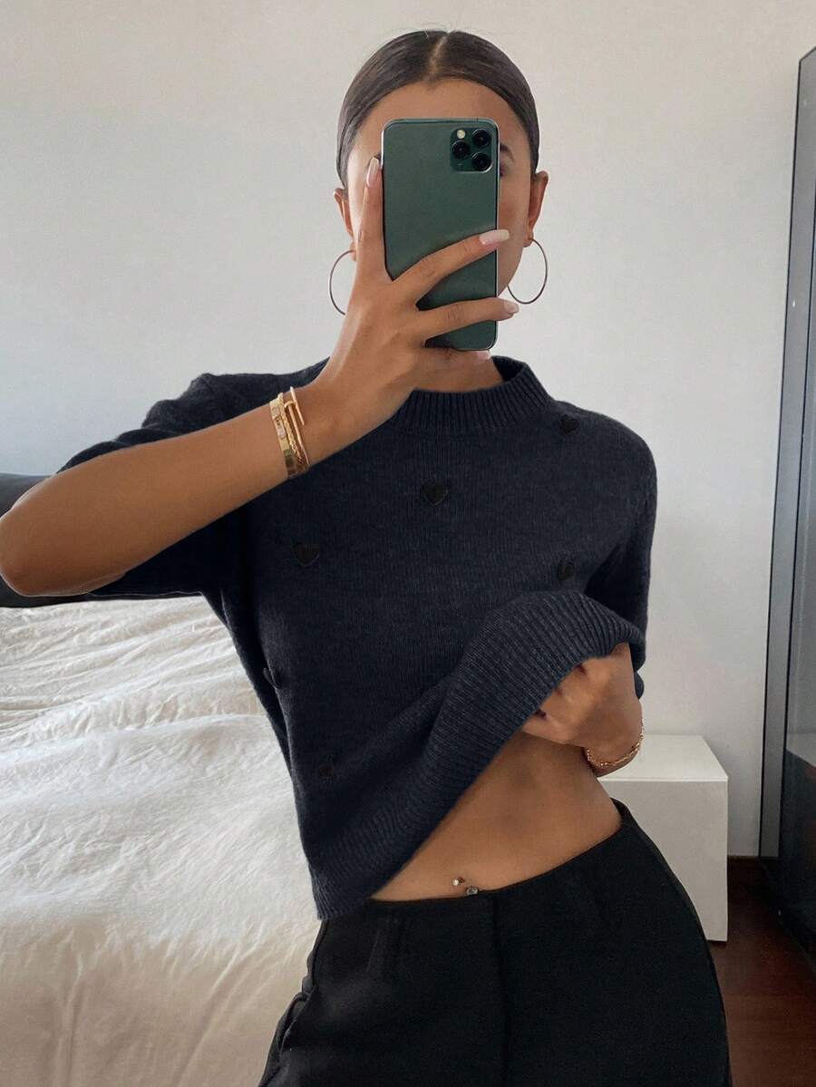 DAZY Heart Decor Loose Fit Short Sleeve Round Neck Casual Knit Top For Women, Spring/Autumn - Navy Blue - View 1