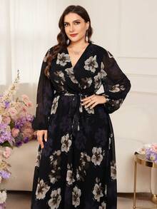 Modelyn Elegant Chiffon Floral Print Long Sleeve Waist Cinched A-Line Plus Size Dress, Spring/Autumn - Multicolor - View 4