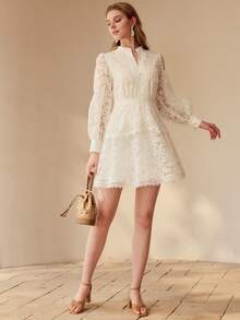 MOTF PREMIUM SHEER JACQUARD HALF BUTTON MINI DRESS - White - View 1