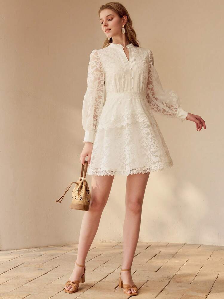 SHEER JACQUARD HALF BUTTON MINI DRESS