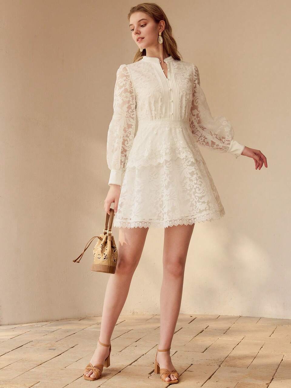 SHEER JACQUARD HALF BUTTON MINI DRESS