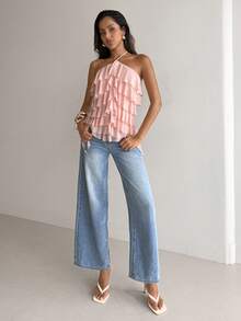 Aloruh Women's Elegant Romantic Tie-Up Neck Layered Ruffle Hem Pink Beach Vacation Date Top - Baby Pink - View 8