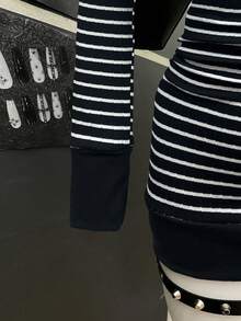 StreetHx Đầm ngắn tay dài cổ chữ V in họa tiết sọc tương phản, phong cách goth punk, thường ngày dành cho nữ, thích hợp mặc đi làm, mùa xuân/thu. - Nhiều màu - Xem 6