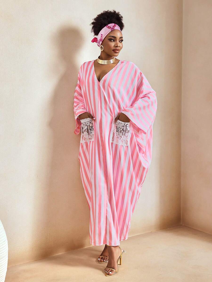 BamGleam Women's Striped Lace Patchwork Casual Loose Party Batwing Sleeve Dress - Multicolor - View 1