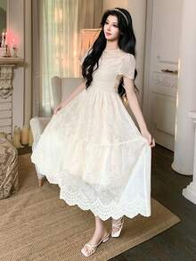 DAZY Jacquard Pleated Cinched Waist Dress, French Style Long Dress For Women - Beige - View 5