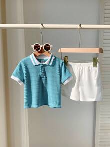 Set 2pcs Baju Bayi Laki-laki/Perempuan Atasan Pullover Lengan Pendek Kerah Polo Warna Kontras dan Celana Pendek Warna Polos dengan Pinggang Elastis - Biru - View 3
